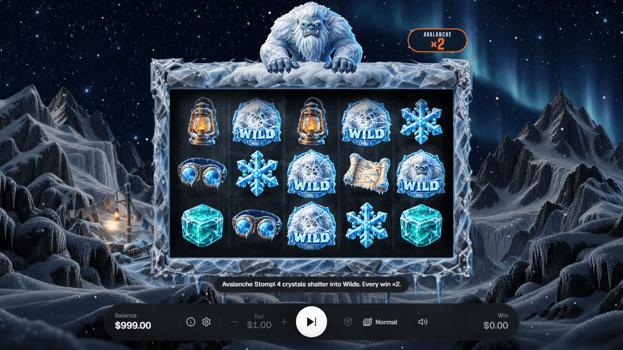 Yeti Whiteout: an Avalanche Stomp, with crystals shattered into Wilds across the reels.